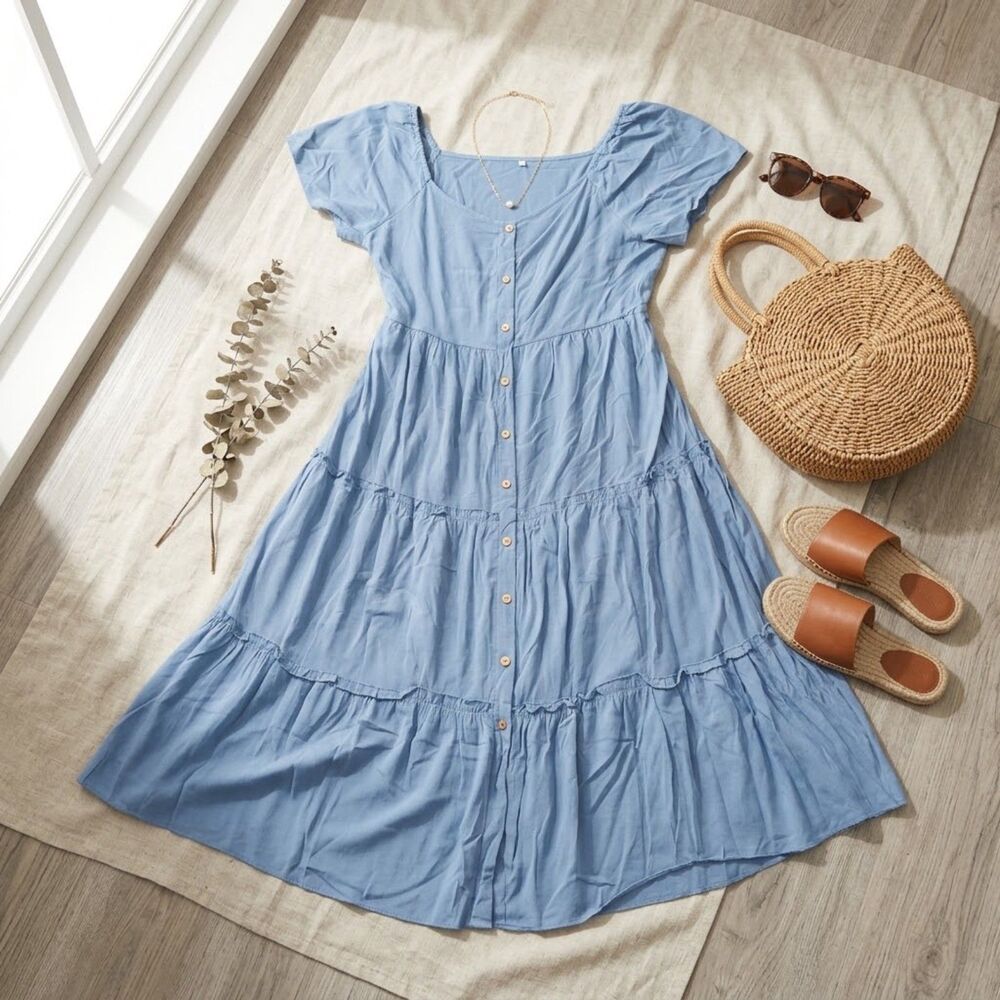 Womens Light Blue Tiered Midi Dress Button Front Cottagecore XL